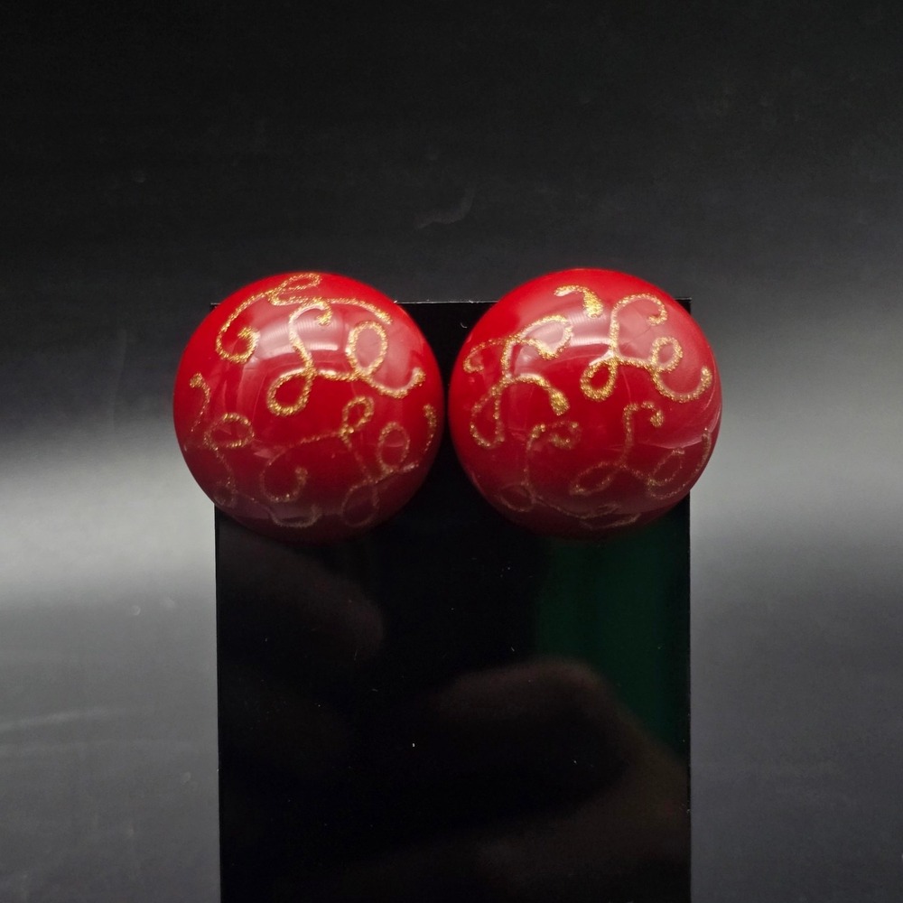 Avon 1986 Red Marble Art Golden Splatter Earrings Pierced Post Vintage Jewelry